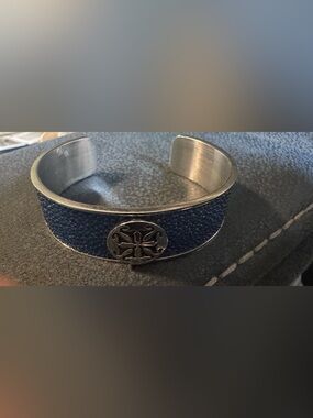 Rustic Cuff Blue Leather and Silver Metal Cuff Bracelet